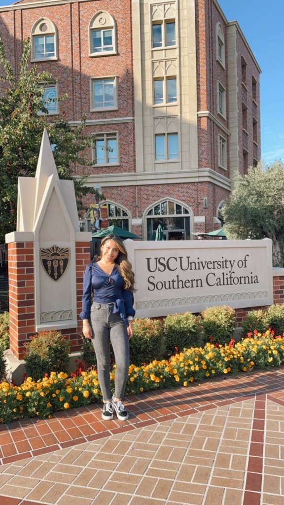 I am standing (Natalie Torres) in front of the University of Southern California (USC) village. 