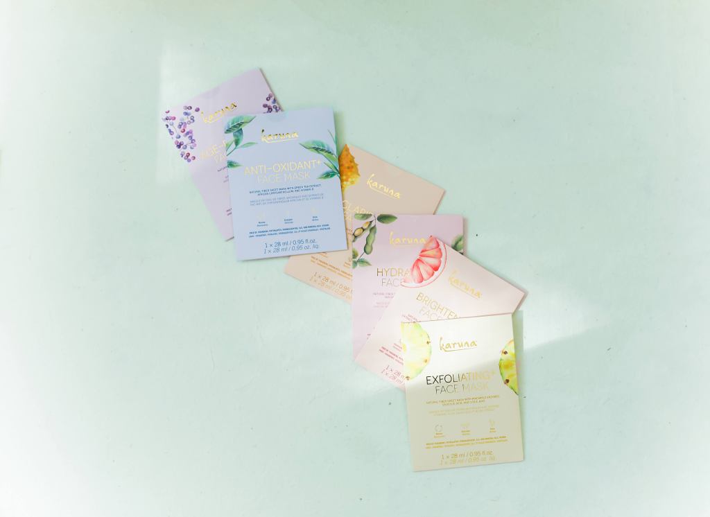 This image displays the first six sheet masks that Karuna Skin launched with.